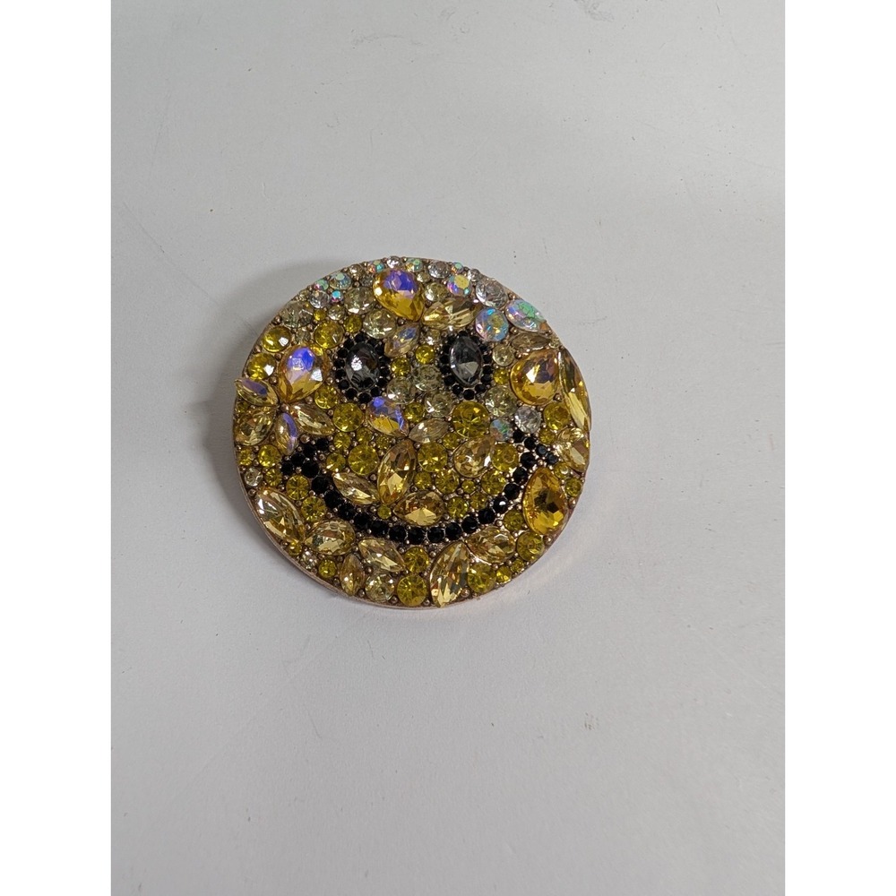 Rhinestone‎ Encrusted Smiley Face Emoji Brooch Pin Gold Tone Iridescent Bling